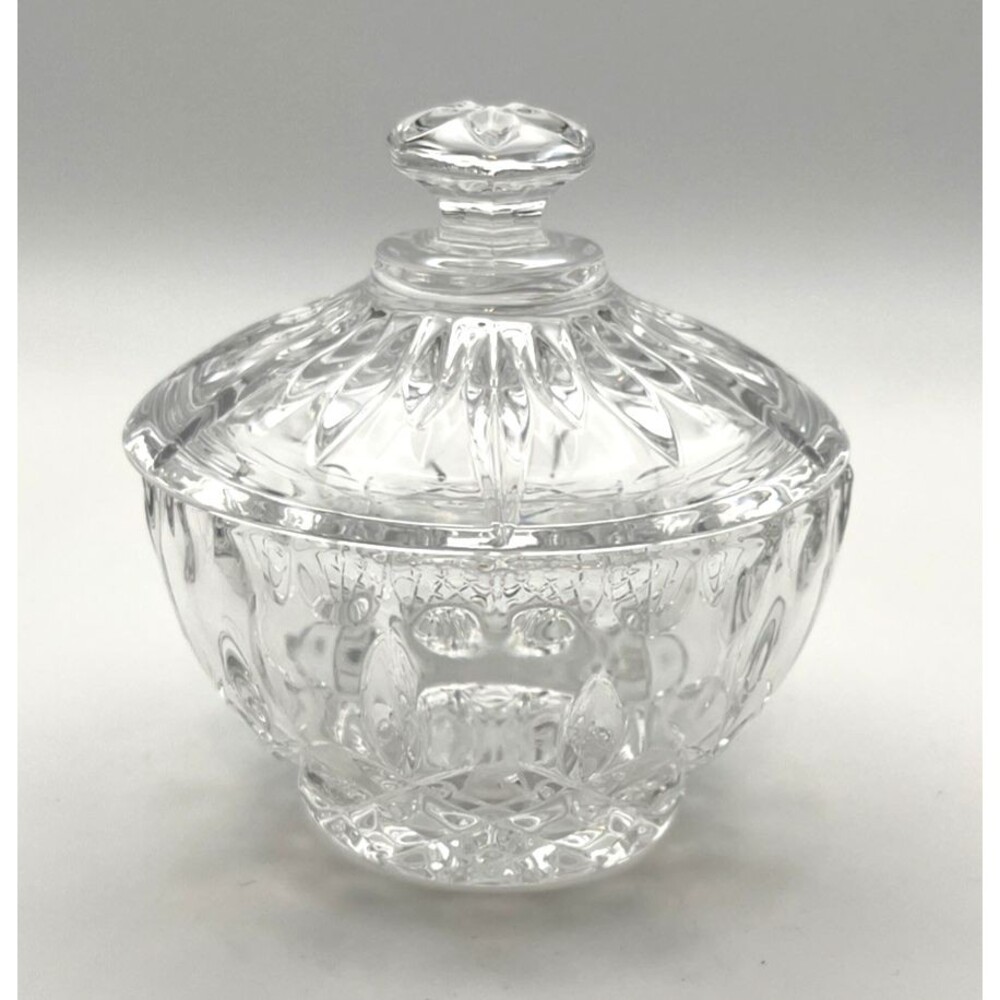 Crystal Lidded Jar Covered Candy Dish Faceted Cut Pressed Glass Trinket Holder